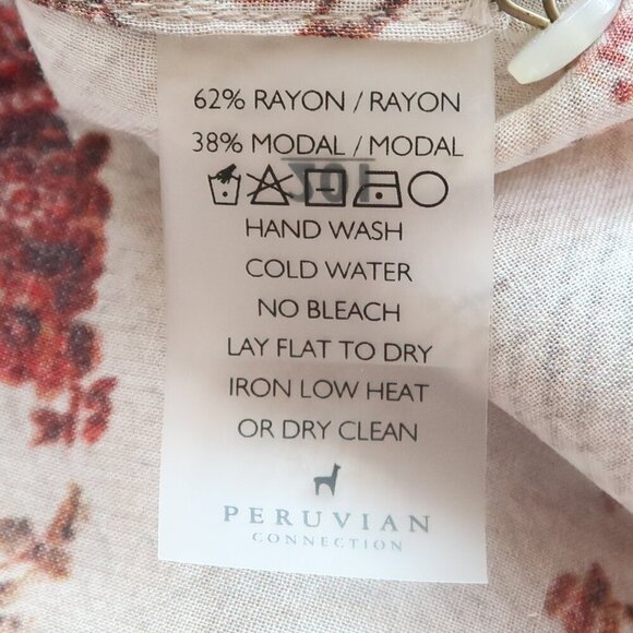 Peruvian Connection Beige Rusty Brown Floral Long Sleeve Ruffle Wrap Blouse Top - Picture 10 of 12